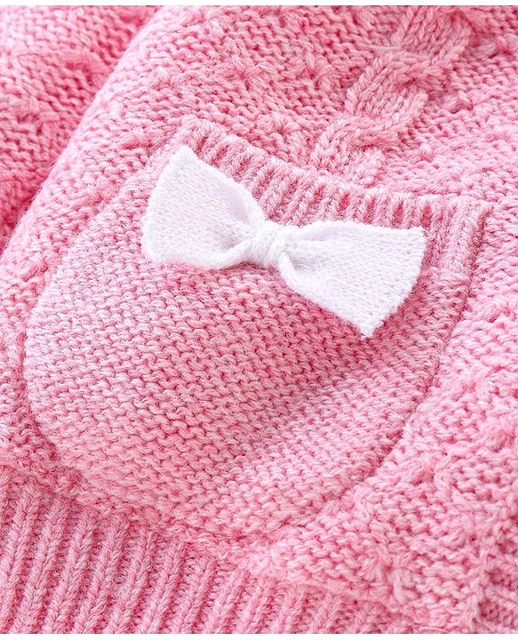 Babyhug Full Sleeves Hooded Sweater Cable Knit Design With Sequin Bow Detailing- Pink