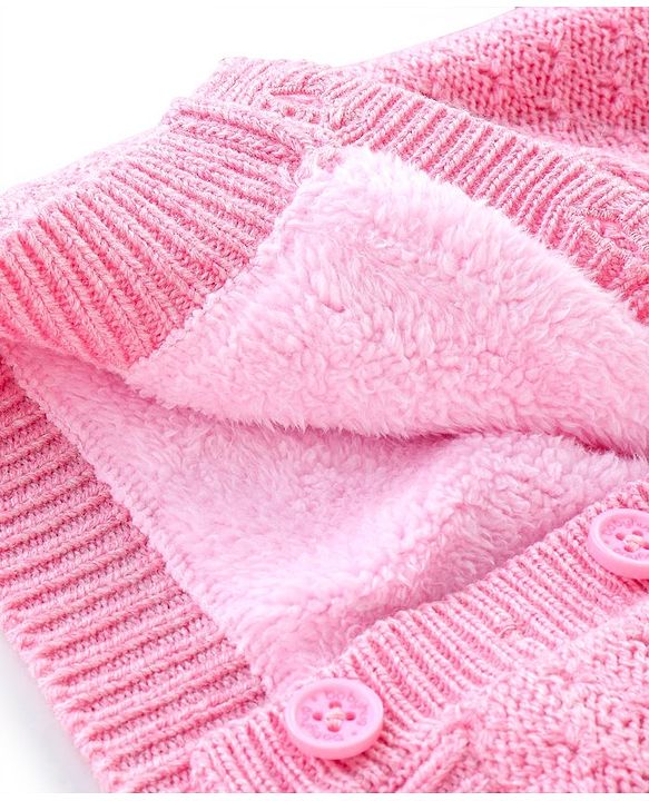 Babyhug Full Sleeves Hooded Sweater Cable Knit Design With Sequin Bow Detailing- Pink