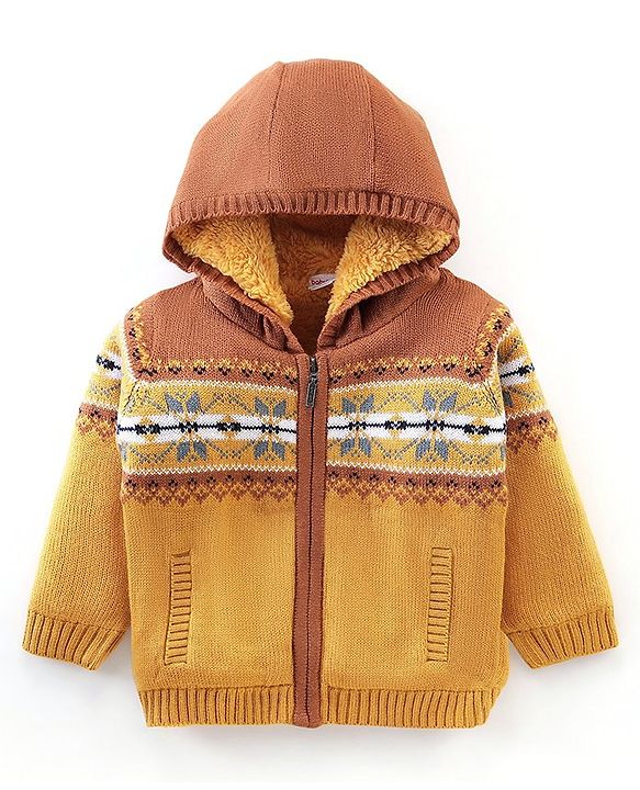 Babyhug Knit Full Sleeves Hooded Sweaters Argyle Design - Mustard & Brown