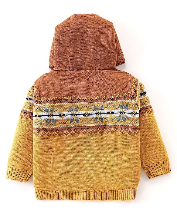 Babyhug Knit Full Sleeves Hooded Sweaters Argyle Design - Mustard & Brown