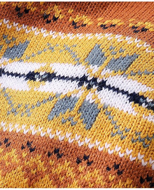 Babyhug Knit Full Sleeves Hooded Sweaters Argyle Design - Mustard & Brown