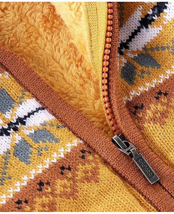 Babyhug Knit Full Sleeves Hooded Sweaters Argyle Design - Mustard & Brown