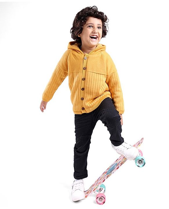 Babyhug Full Sleeves Hooded Sweater Solid- Yellow