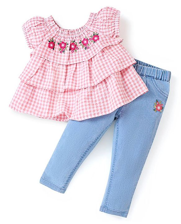 Babyhug 100% Cotton Half Sleeves Checked Top & Jeans Set Floral Embroidery- Pink & Blue