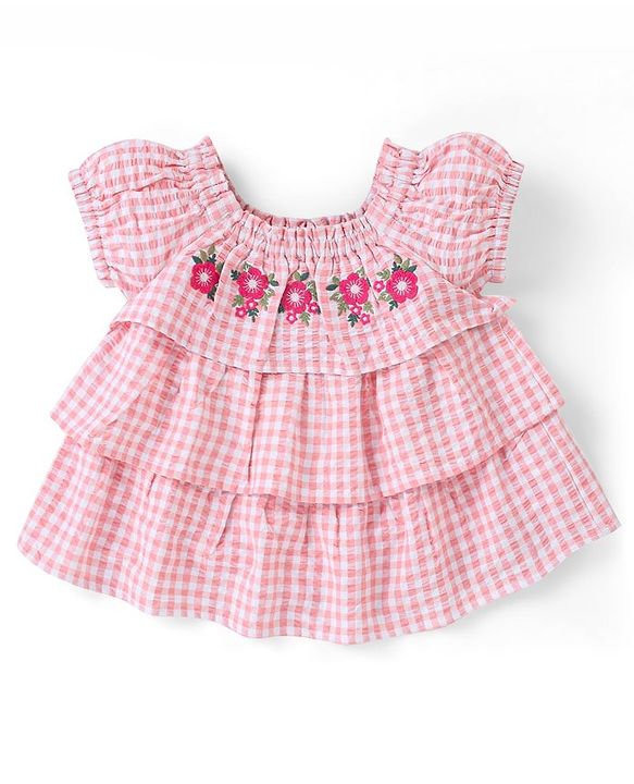 Babyhug 100% Cotton Half Sleeves Checked Top & Jeans Set Floral Embroidery- Pink & Blue