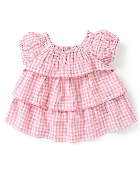 Babyhug 100% Cotton Half Sleeves Checked Top & Jeans Set Floral Embroidery- Pink & Blue