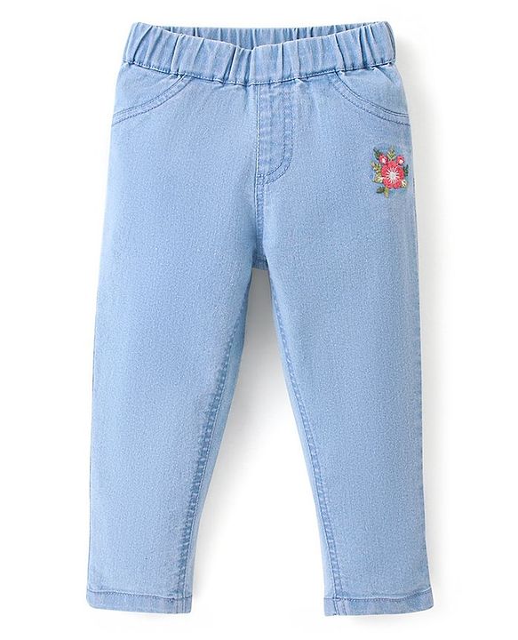 Babyhug 100% Cotton Half Sleeves Checked Top & Jeans Set Floral Embroidery- Pink & Blue