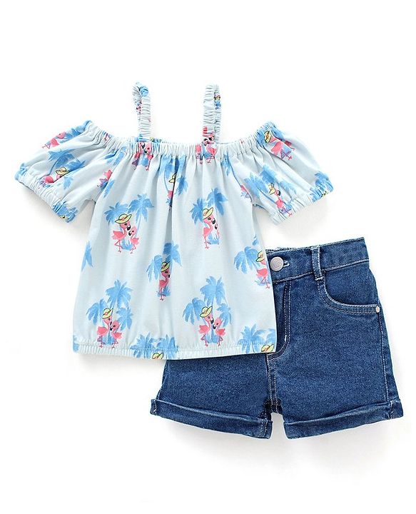Babyhug 100% Cotton Cold Shoulder Sleeves Top & Shorts Set Floral Print- Blue & White