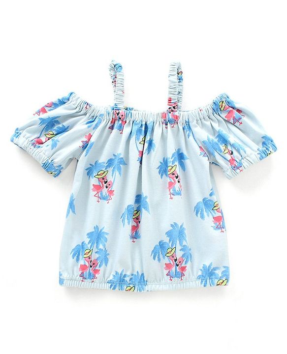 Babyhug 100% Cotton Cold Shoulder Sleeves Top & Shorts Set Floral Print- Blue & White