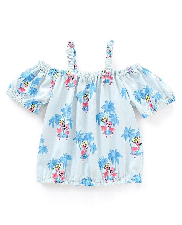 Babyhug 100% Cotton Cold Shoulder Sleeves Top & Shorts Set Floral Print- Blue & White