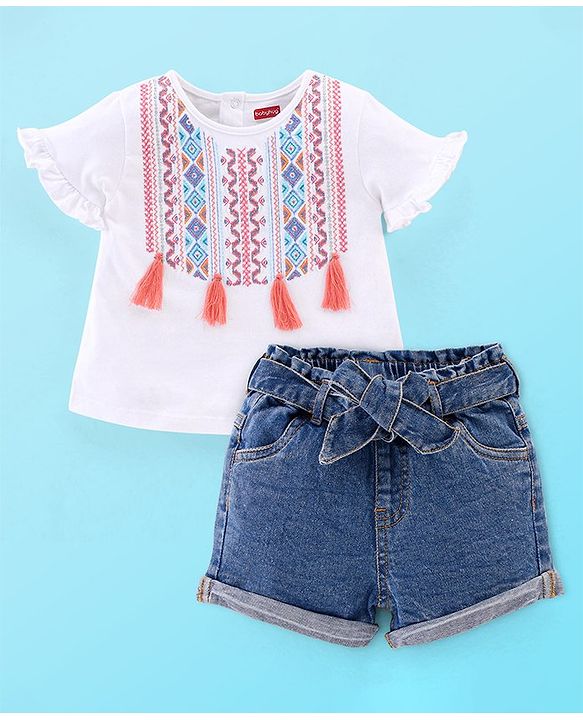 Babyhug 100% Cotton Knit Half Sleeves Top & Denim Shorts Set Argyle Embroidery - Blue & White