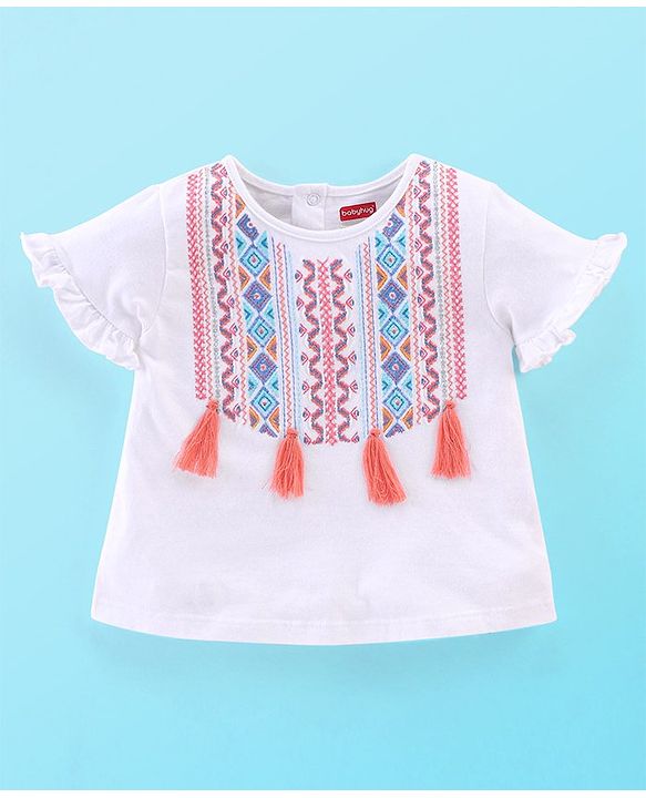 Babyhug 100% Cotton Knit Half Sleeves Top & Denim Shorts Set Argyle Embroidery - Blue & White