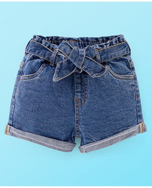 Babyhug 100% Cotton Knit Half Sleeves Top & Denim Shorts Set Argyle Embroidery - Blue & White
