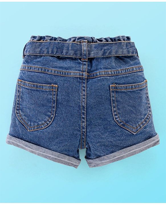 Babyhug 100% Cotton Knit Half Sleeves Top & Denim Shorts Set Argyle Embroidery - Blue & White