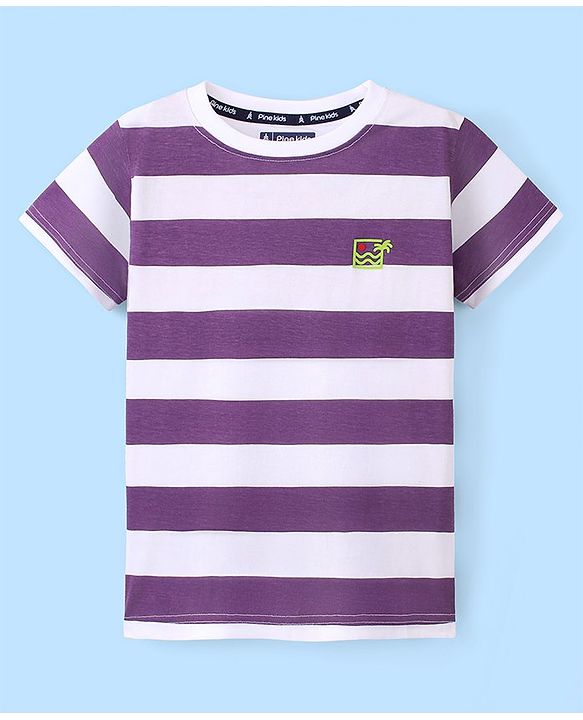 Pine Kids 100% Cotton Knit Half Sleeves Striped T-Shirt- Purple & White