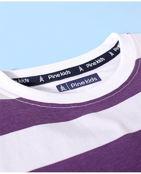 Pine Kids 100% Cotton Knit Half Sleeves Striped T-Shirt- Purple & White