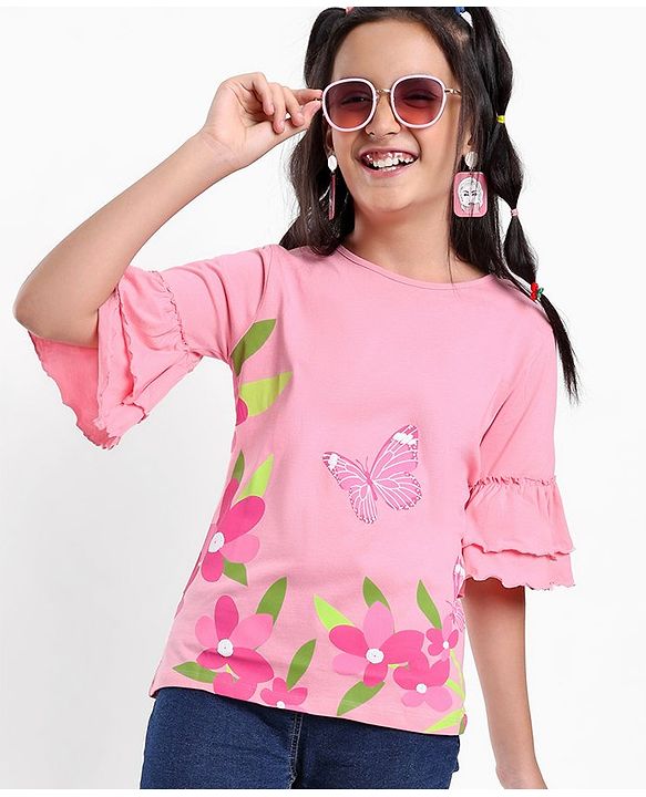 Pine Kids 100% Cotton Knit Three Fourth Sleeves Bio Washed Floral Print Top - Candy Pink
