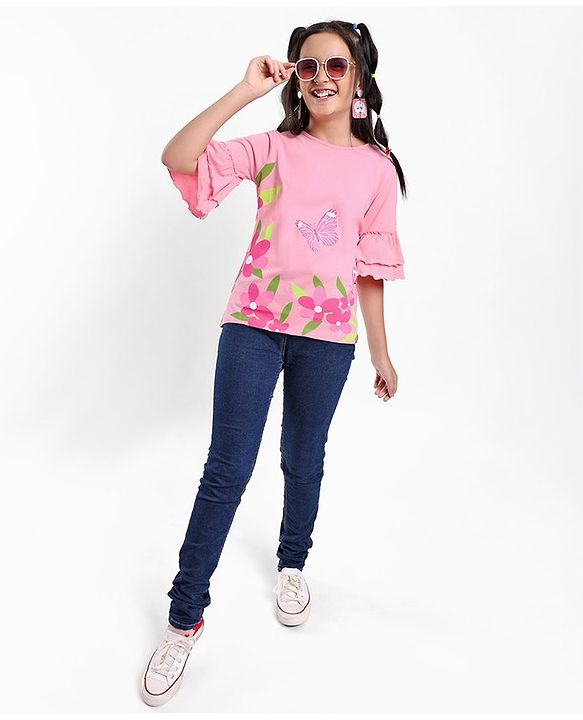 Pine Kids 100% Cotton Knit Three Fourth Sleeves Bio Washed Floral Print Top - Candy Pink