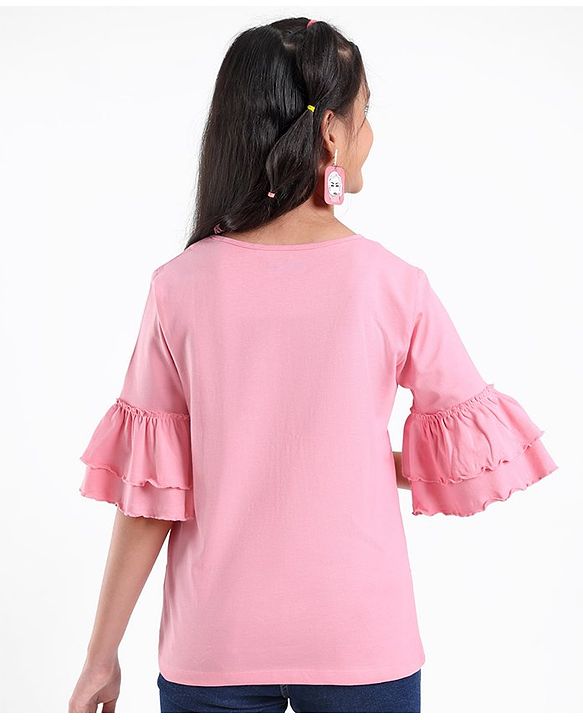 Pine Kids 100% Cotton Knit Three Fourth Sleeves Bio Washed Floral Print Top - Candy Pink