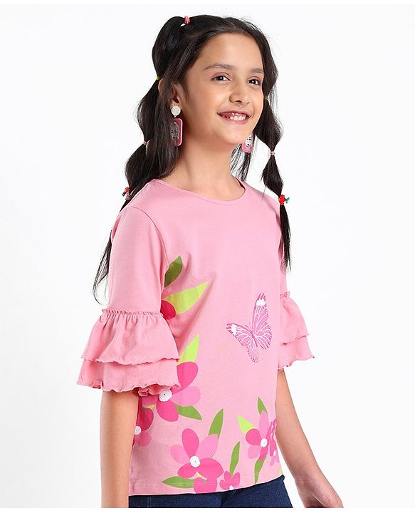 Pine Kids 100% Cotton Knit Three Fourth Sleeves Bio Washed Floral Print Top - Candy Pink