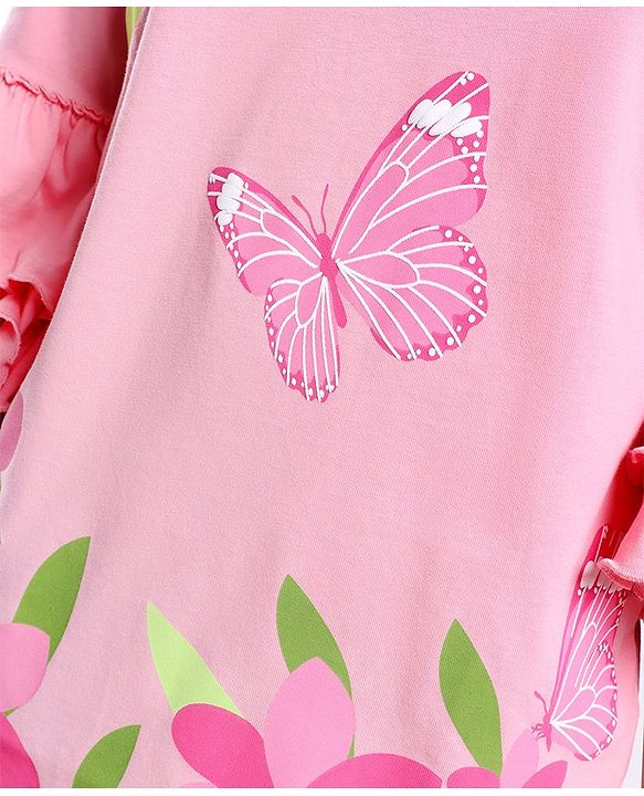 Pine Kids 100% Cotton Knit Three Fourth Sleeves Bio Washed Floral Print Top - Candy Pink