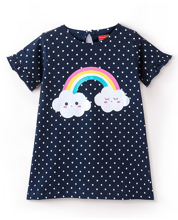Babyhug Half Sleeves Nighty With Polka Dots & Rainbow Print - Navy Blue