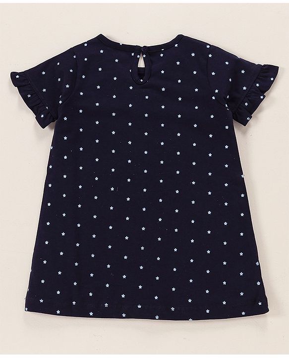 Babyhug Cotton Knit Half Sleeves Night Gown with Star Print - Navy Blue