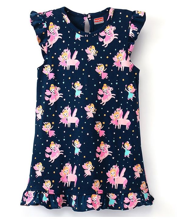 Babyhug Cotton Flutter Sleeves Nighty Fairy & Unicorn  Print - Navy Blue