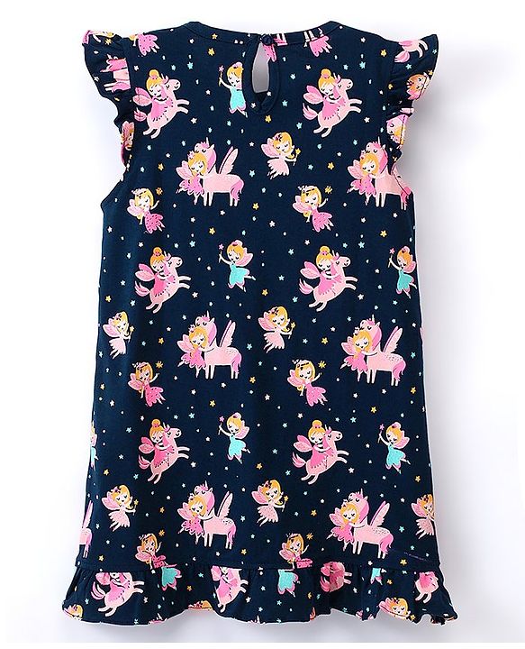 Babyhug Cotton Flutter Sleeves Nighty Fairy & Unicorn  Print - Navy Blue