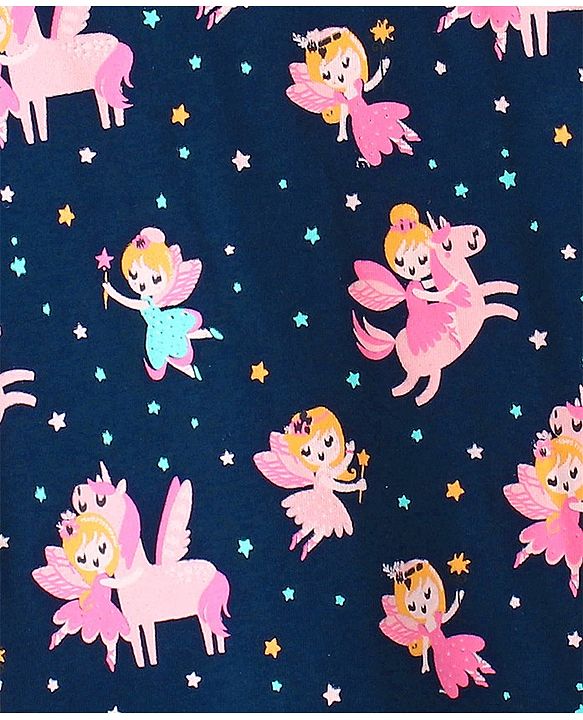 Babyhug Cotton Flutter Sleeves Nighty Fairy & Unicorn  Print - Navy Blue