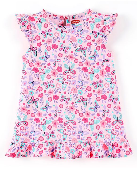 Babyhug Cotton Knit Short Sleeves Nighty Butterfly  Printed  - Pink