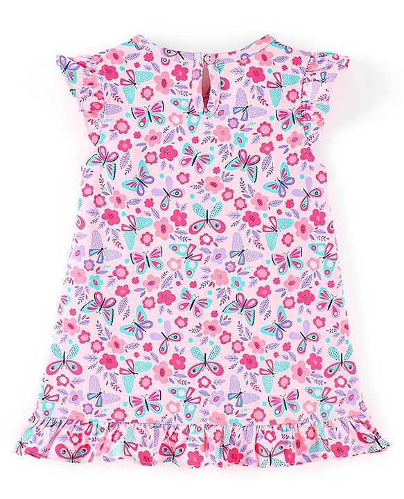 Babyhug Cotton Knit Short Sleeves Nighty Butterfly  Printed  - Pink