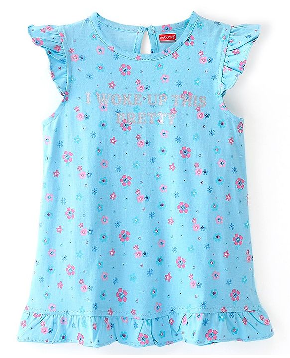 Babyhug Cotton Knit Half Sleeves Nighty Floral Print - Blue