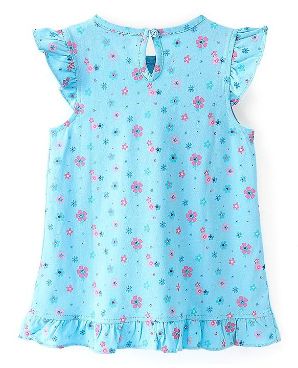Babyhug Cotton Knit Half Sleeves Nighty Floral Print - Blue