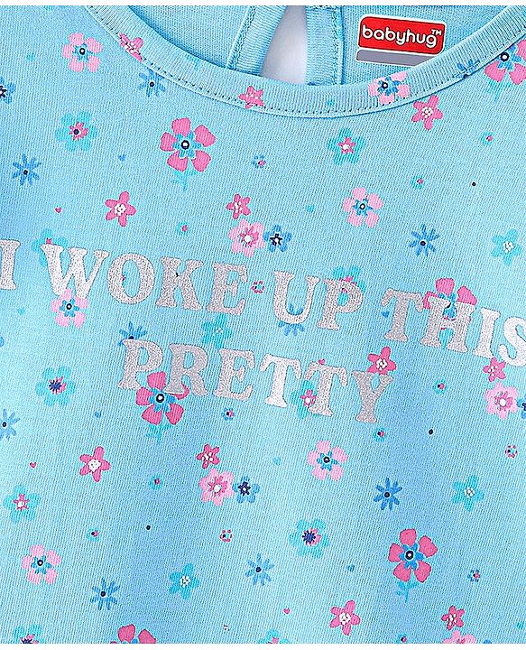 Babyhug Cotton Knit Half Sleeves Nighty Floral Print - Blue