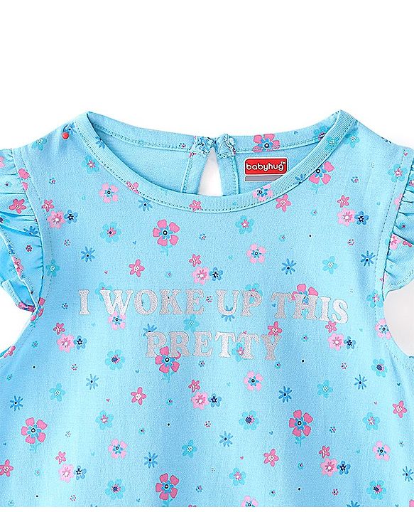 Babyhug Cotton Knit Half Sleeves Nighty Floral Print - Blue