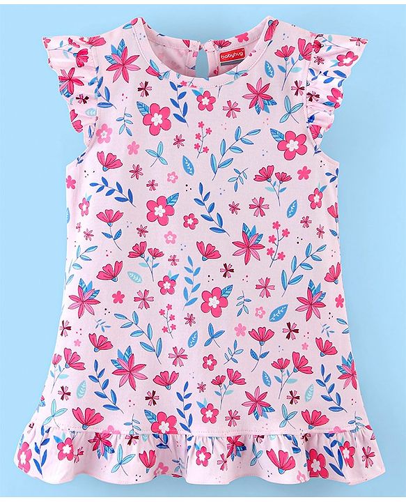 Babyhug Cotton Knit Half Sleeves Nighty Floral Print - Pink