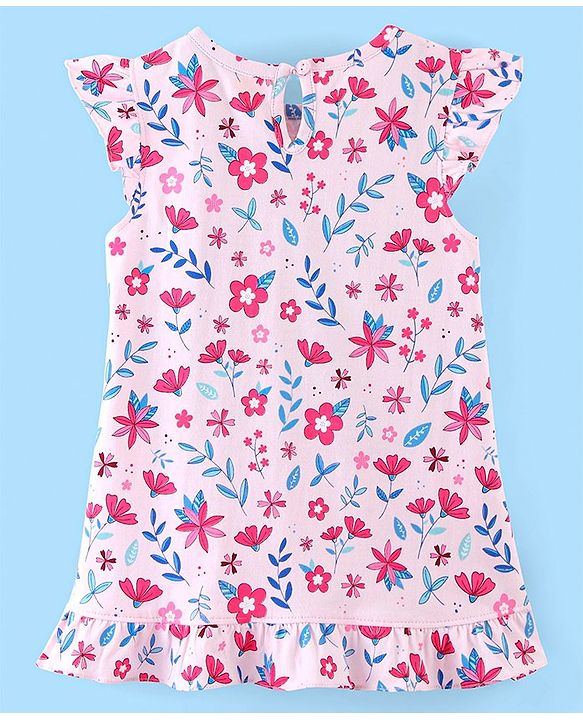 Babyhug Cotton Knit Half Sleeves Nighty Floral Print - Pink