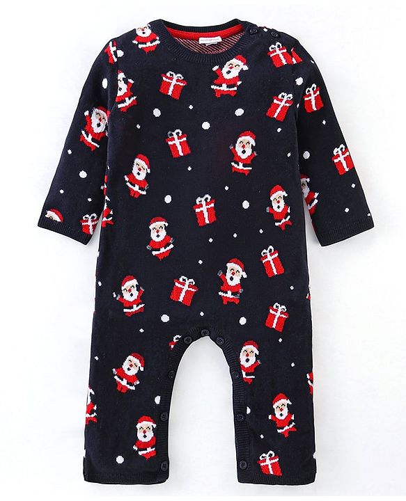 Babyhug 100% Cotton Full Sleeves Winter Wear Romper With Santa Claus Print - Navy Blue & Red