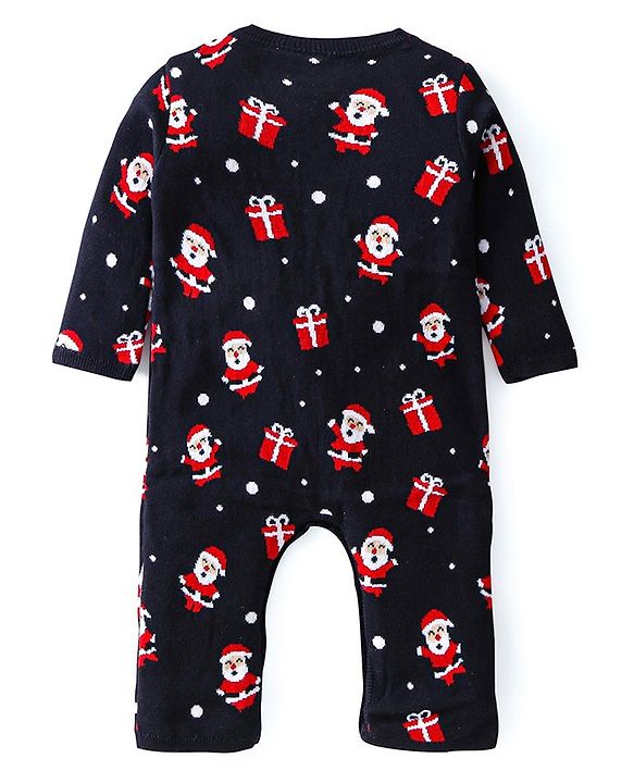 Babyhug 100% Cotton Full Sleeves Winter Wear Romper With Santa Claus Print - Navy Blue & Red