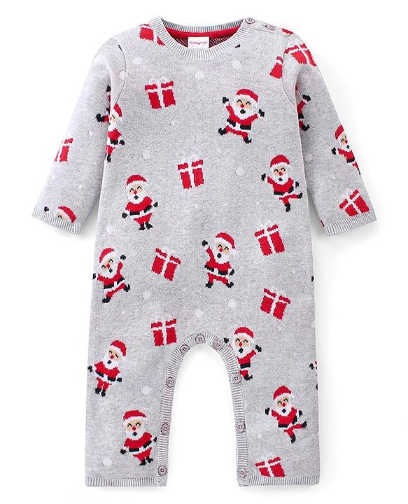 Babyhug 100% Cotton Full Sleeves Winter Wear With Romper Santa Claus Print - Grey & Red