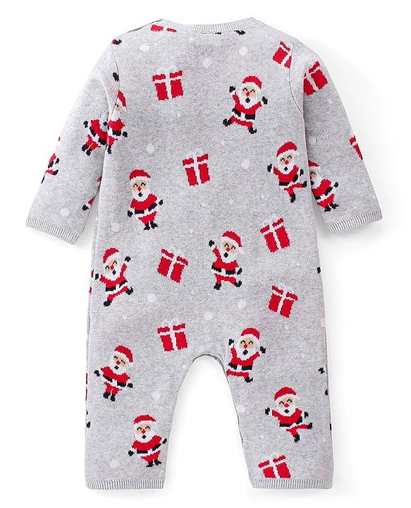 Babyhug 100% Cotton Full Sleeves Winter Wear With Romper Santa Claus Print - Grey & Red