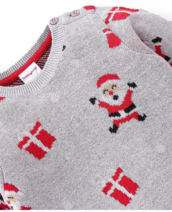 Babyhug 100% Cotton Full Sleeves Winter Wear With Romper Santa Claus Print - Grey & Red