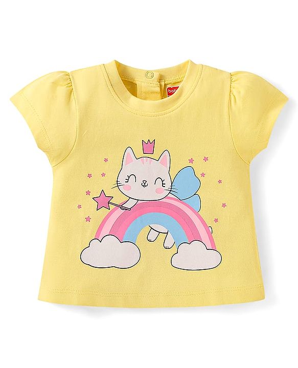 Babyhug Cotton Half Sleeves Capri Night Suit Kitty & Rainbow Print- Yellow