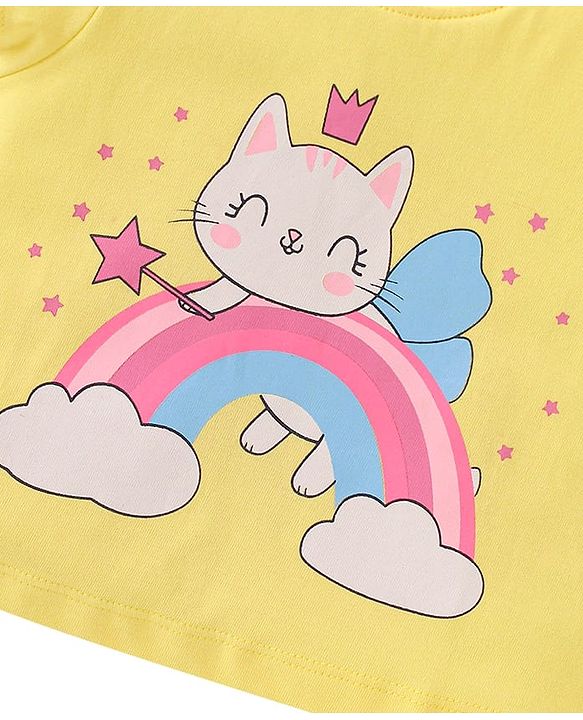 Babyhug Cotton Half Sleeves Capri Night Suit Kitty & Rainbow Print- Yellow