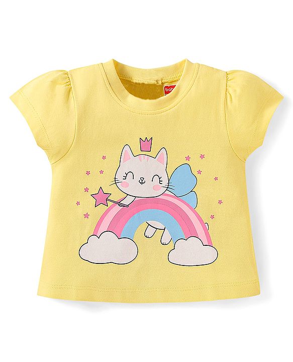 Babyhug Cotton Half Sleeves Capri Night Suit Kitty & Rainbow Print- Yellow