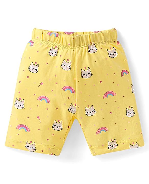 Babyhug Cotton Half Sleeves Capri Night Suit Kitty & Rainbow Print- Yellow