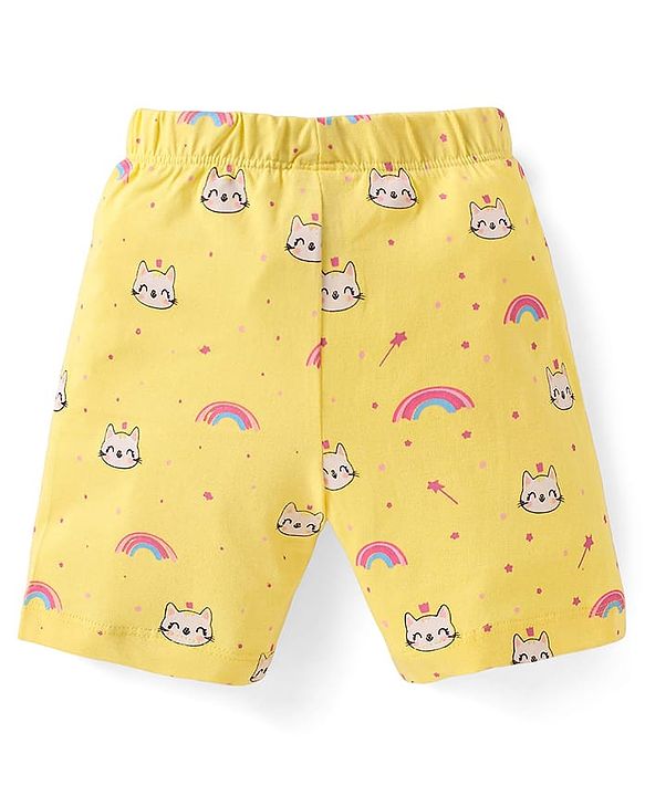 Babyhug Cotton Half Sleeves Capri Night Suit Kitty & Rainbow Print- Yellow