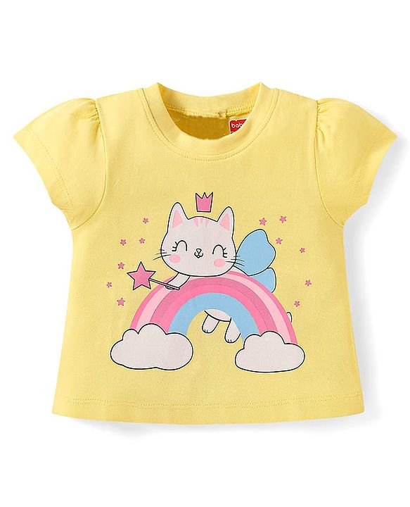 Babyhug Cotton Half Sleeves Capri Night Suit Kitty & Rainbow Print- Yellow