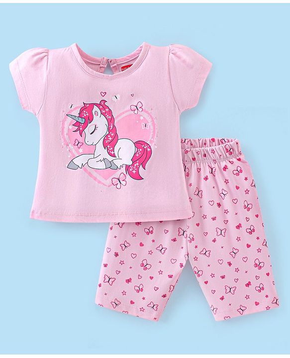 Babyhug Cotton Half Sleeves Capri Nightwear Set Unicorn Print - Pink
